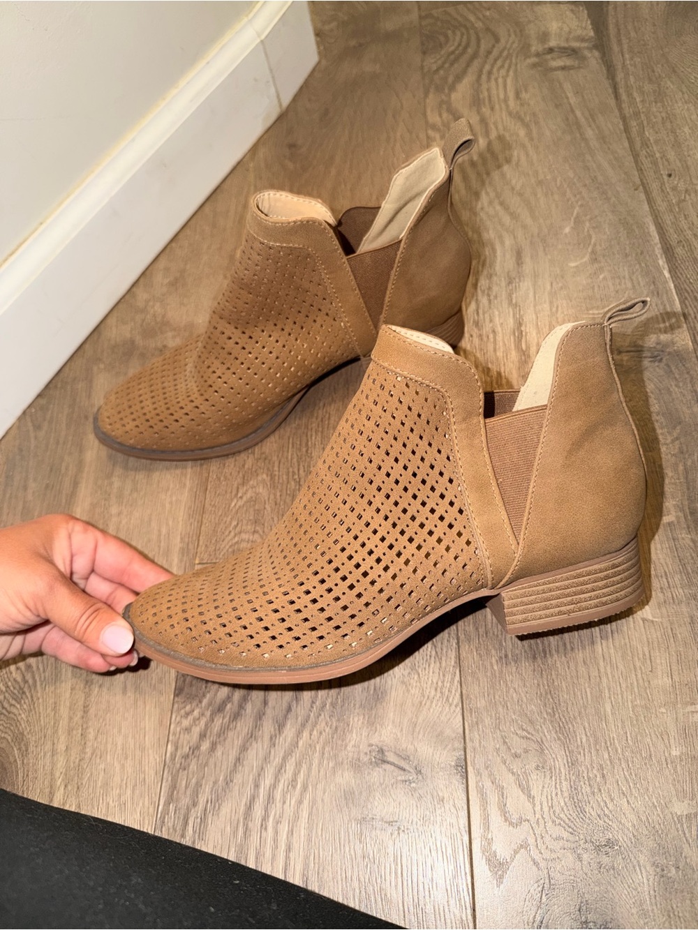 Tan Suede Ankle Booties with Low Stacked Heel